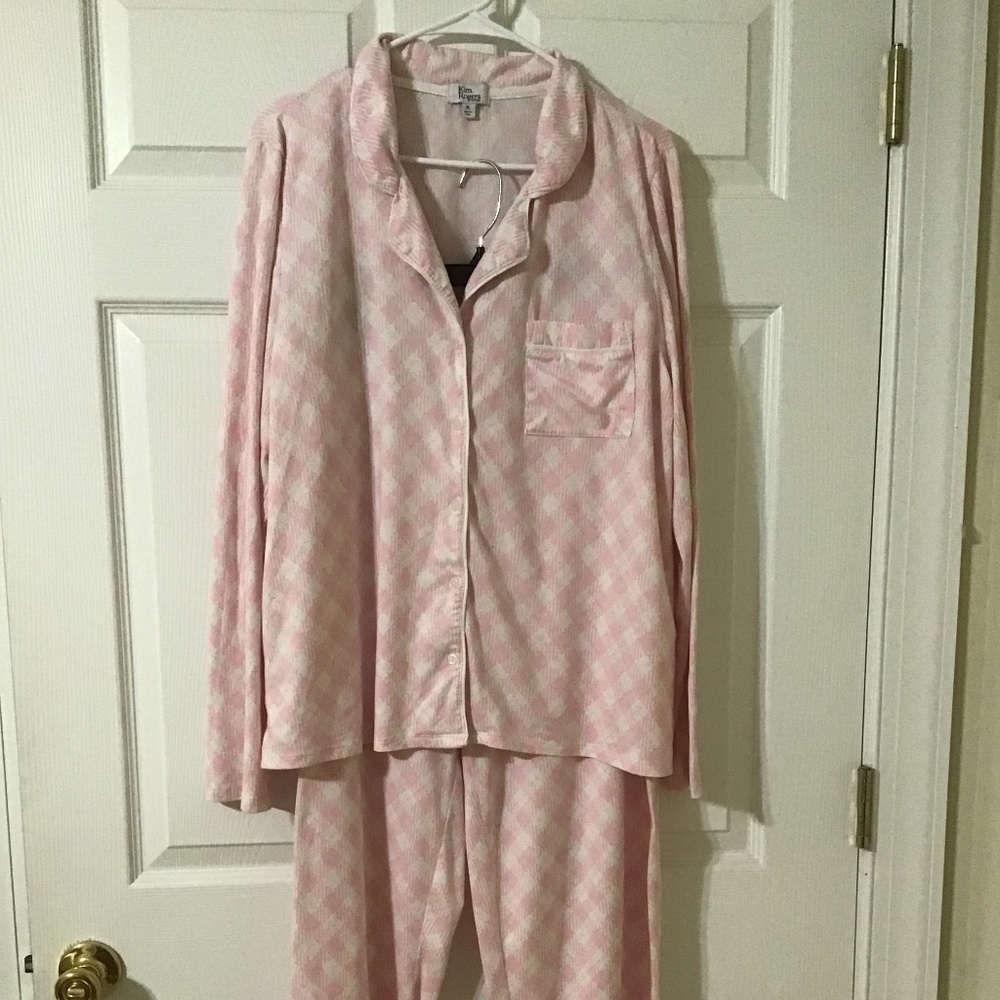 Kim Rogers Intimates WOMENS Size XL Pajama Set Loungewear Pink White Plaid SOFT!